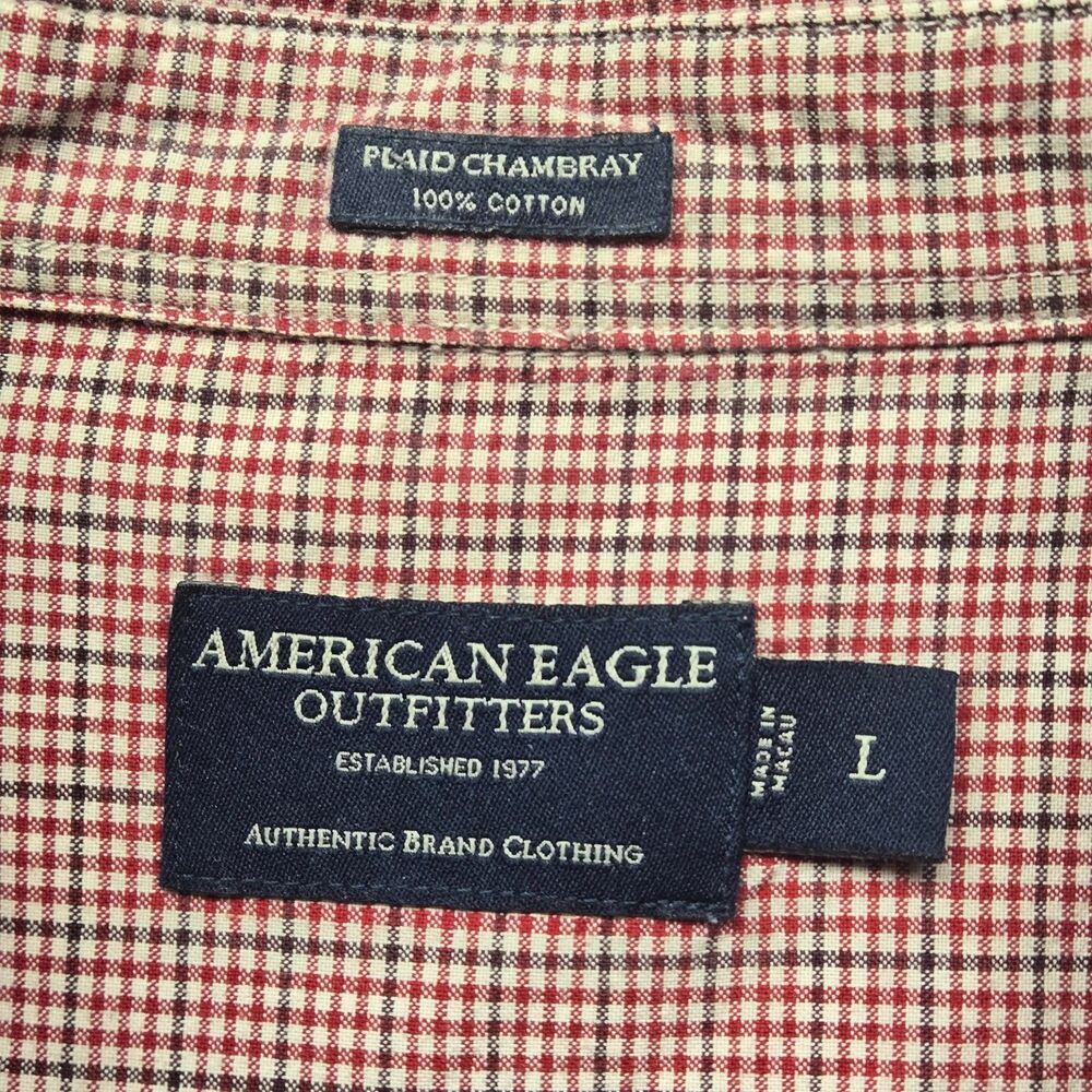 American Eagle Shirt Mens Large L Red Plaid Chambray Flannel Long Sleeve Button